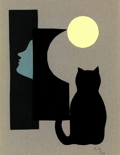 Collage von Regina Gebhard: Titel:"Schwarze Katze von links"